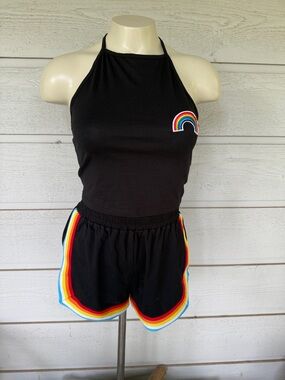 Retro Black Rainbow-Trim Women's Shorts – Casual Athletic Tee Set